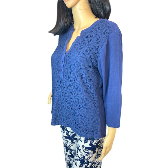 (6 for $25) Rebecca Malone Lace Front Henley in Navy Size Small - Picture 2 of 3